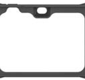 Black protective bumper frame for a device with corner reinforcements and a top center camera notch