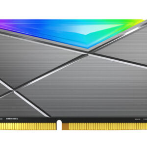 Xpg ram module with a brushed metal heat spreader geometric cross lines rgb lighting at the top and gold connector pins
