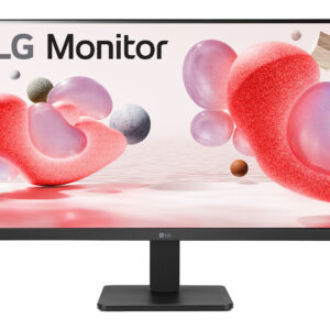 Lg monitor on a black stand displaying a colorful abstract background with pink and red shapes