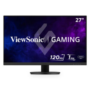 27 inch ViewSonic gaming monitor on a black stand showcasing 120 Hz and 1 ms response time with a USB C icon on the screen