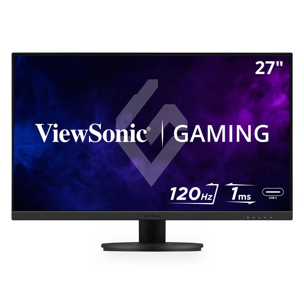 JFM Technology 27 inch ViewSonic gaming monitor on a black stand showcasing 120 Hz and 1 ms response time with a USB C icon on the screen