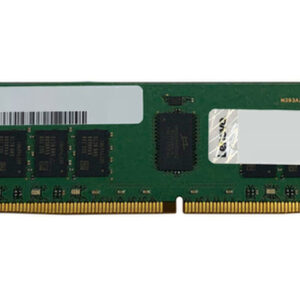 Green computer RAM DIMM with a gold edge connector and multiple memory chips on a green PCB