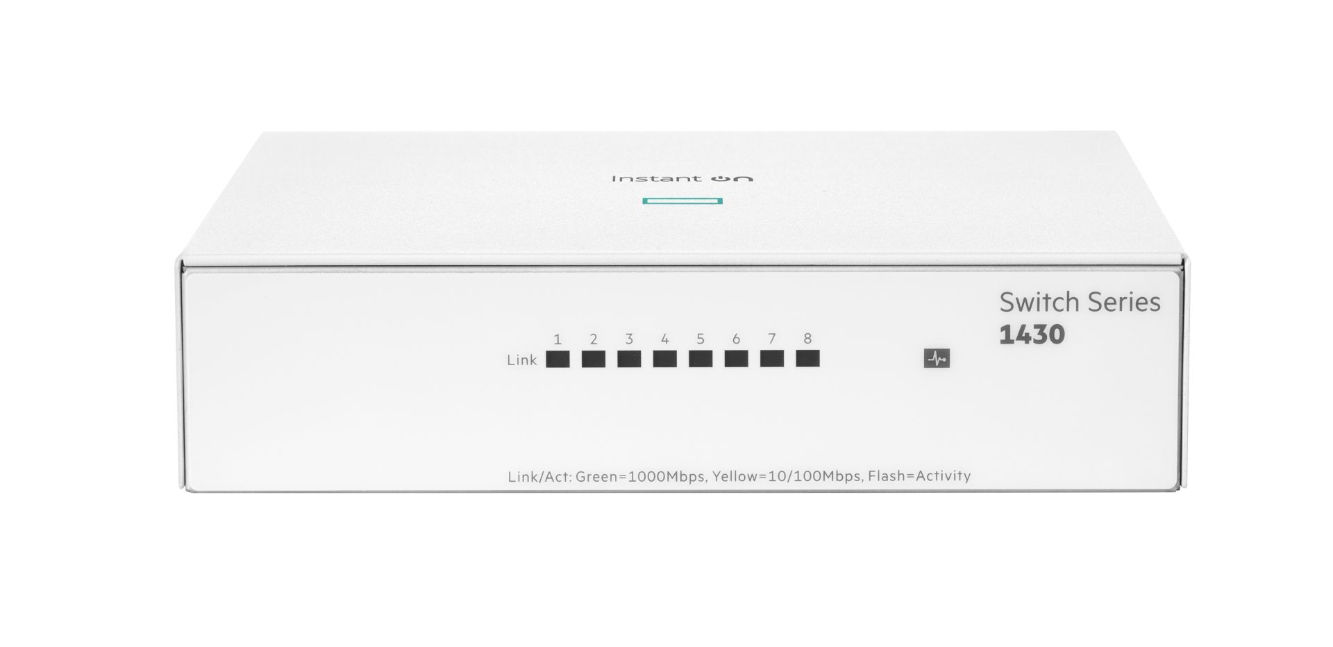 JFM Technology Front view of a switch series 1430 network switch with eight led indicators labeled link 18 and a small activity icon on the front panel