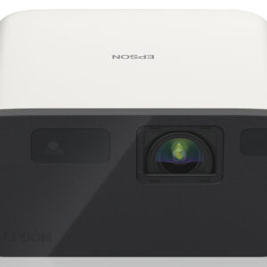 JFM Technology Front view of an epson projector with a central lens and two tone white and black housing