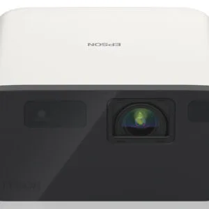 JFM Technology Front view of an epson projector with a central lens and two tone white and black housing