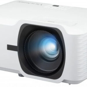 White multimedia projector facing left with a large front lens and blue glow from the lens
