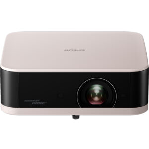 Front view of a beige epson projector with a large central lens and black front panel