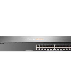 Front view of an hp networking switch with a long row of copper ports and status leds mounted in a rack