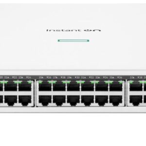Front view of a white Instant On Switch Series 1960 network switch with 48 Ethernet ports and status LEDs on the front panel