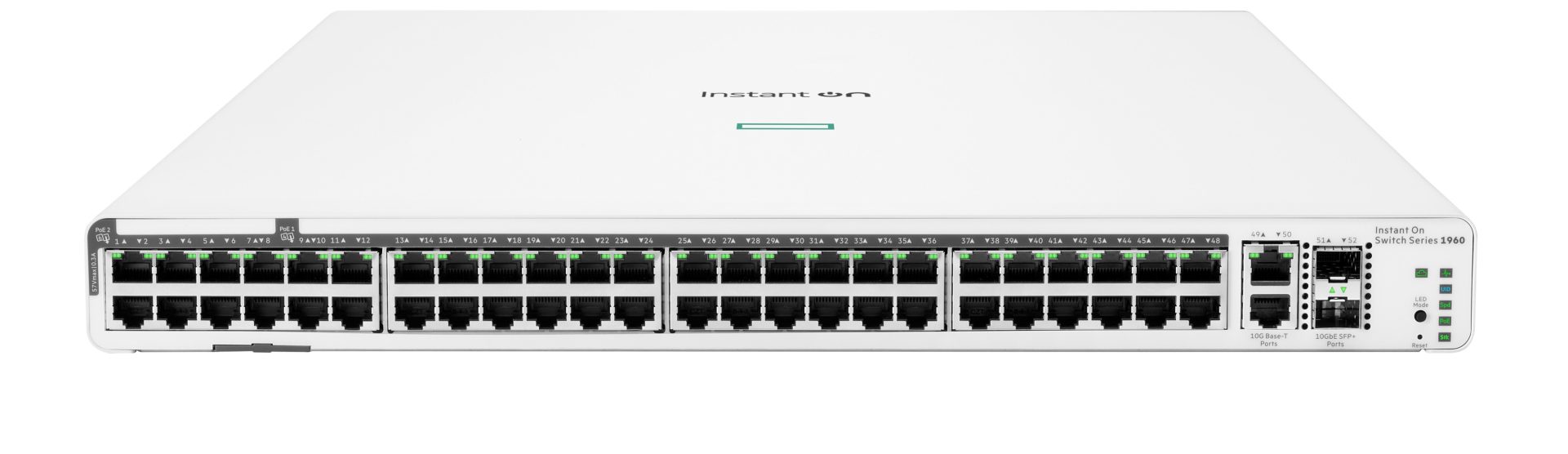 JFM Technology Front view of a white instant on switch series 1960 network switch with 48 ethernet ports and status leds on the front panel