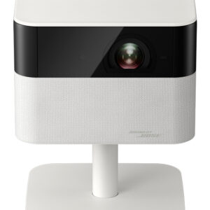 White Epson compact projector on a stand facing forward with a black lens panel visible in the center
