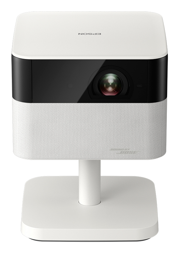 JFM Technology White epson compact projector on a stand facing forward with a black lens panel visible in the center