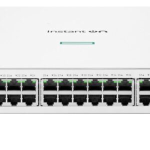 Front view of a white 48 port Ethernet switch with green status LEDs on the front panel and two management ports on the right side