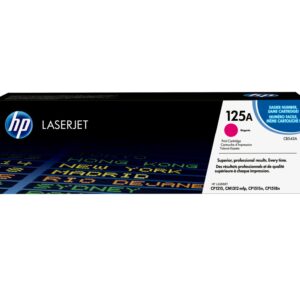 JFM Technology HP LaserJet 125A magenta print cartridge box with HP logo on black packaging side panel