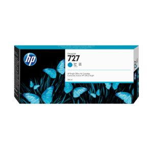 JFM Technology HP DesignJet 727 cyan ink cartridge box with blue butterfly artwork on a black background
