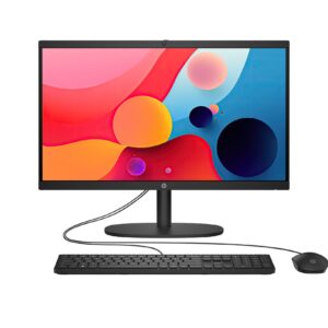 HP all in one desktop on a stand with keyboard and mouse on a white background
