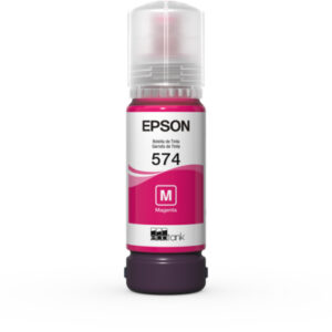 Epson 574 magenta ink bottle for printers standing upright on a white background