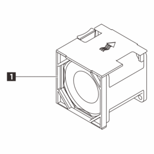 Line drawing of a small cooling fan module mounted in a rectangular housing with a front intake opening and a 1 callout pointing to the side frame