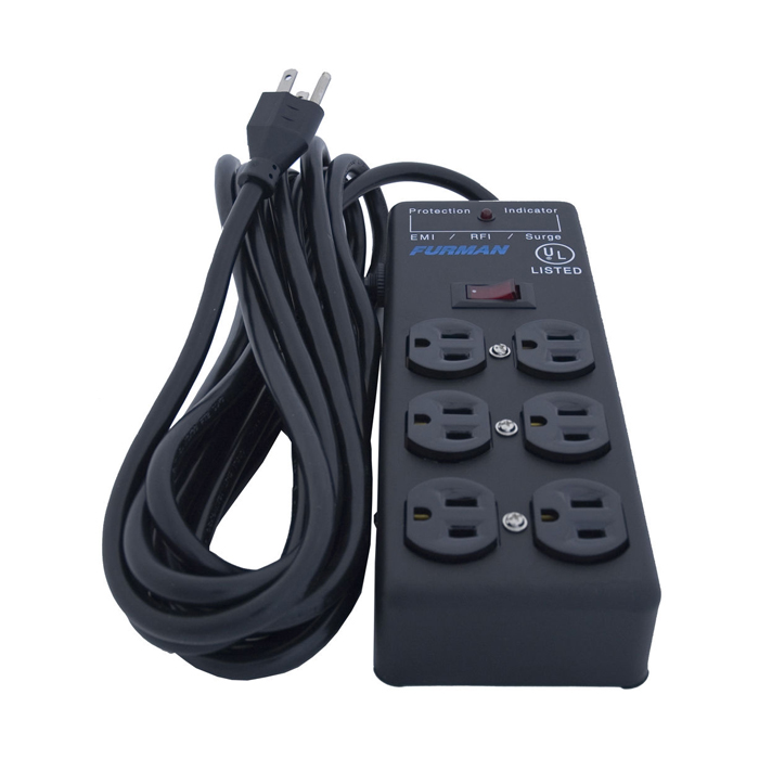 Multitoma Furman SS6B Metálica 15A vista 2 JFM Technology Six outlet black power strip with a long coiled cord and a top mounted onoff switch furman brand